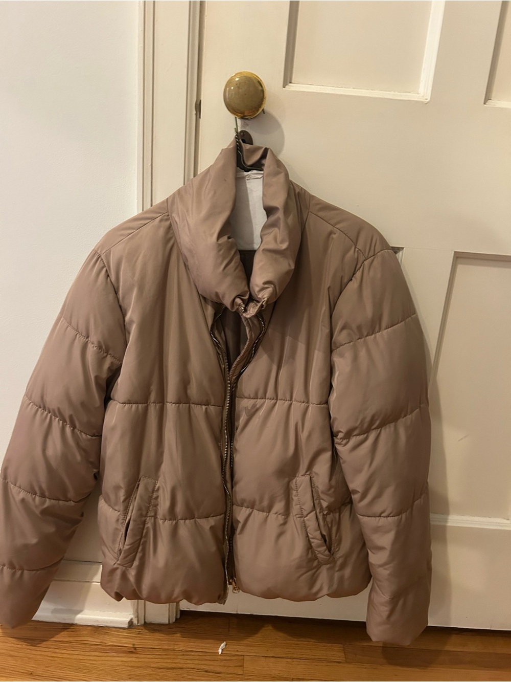 Women's Taupe Puffer Jacket with High Collar